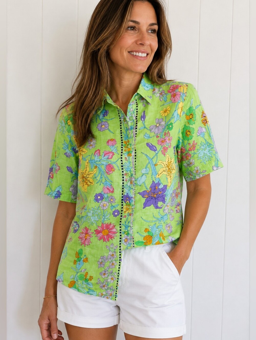 Averardo Bessi Linen Green Floral Ladies Button Down, Size US 6